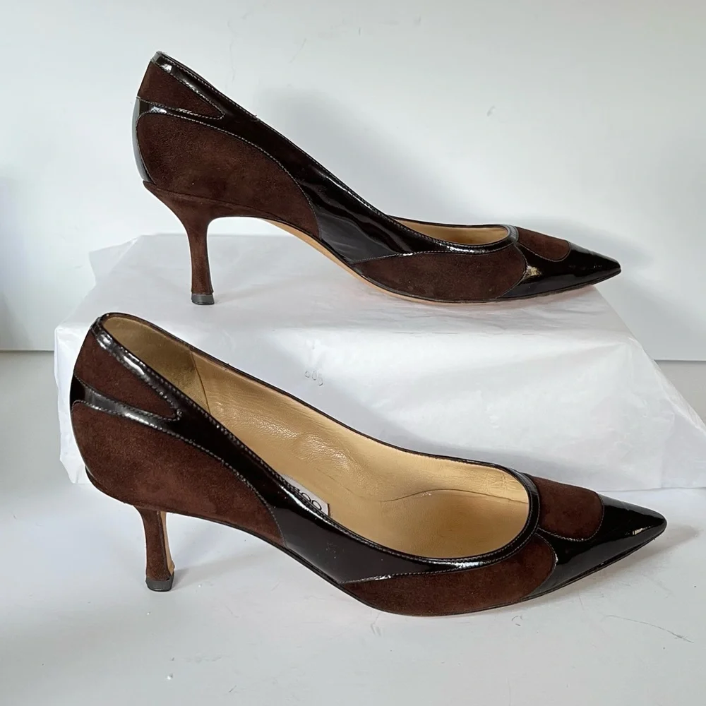 Jimmy Choo brown suede patent leather kitten heels 37.5